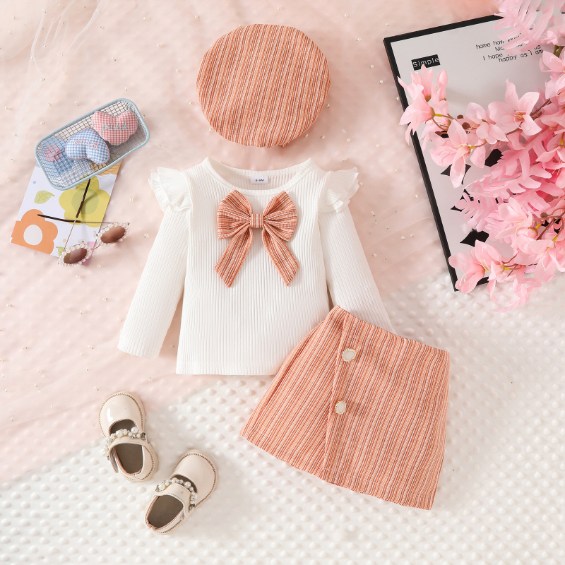 Set de trei piese Amazon, europene și americane, pentru primăvară și toamnă, cu mânecă lungă, cu papion și nasturi, fustă și beretă