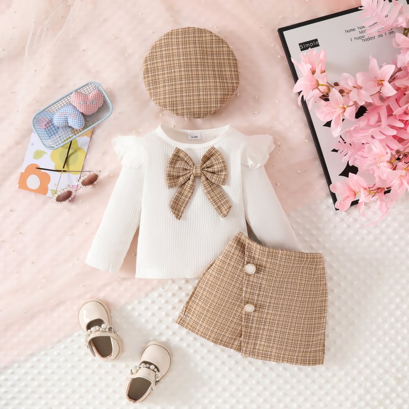 Set de trei piese Amazon, europene și americane, pentru primăvară și toamnă, cu mânecă lungă, cu papion și nasturi, fustă și beretă