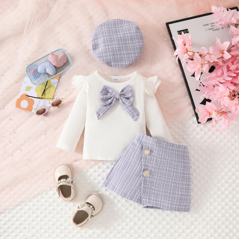 Set de trei piese Amazon, europene și americane, pentru primăvară și toamnă, cu mânecă lungă, cu papion și nasturi, fustă și beretă