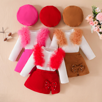 Sügis-talvine pikkade varrukatega võrkkangast pitsist ja helmestega kaunistatud lühike seelik-kostüüm 0-3 aastasele beebile