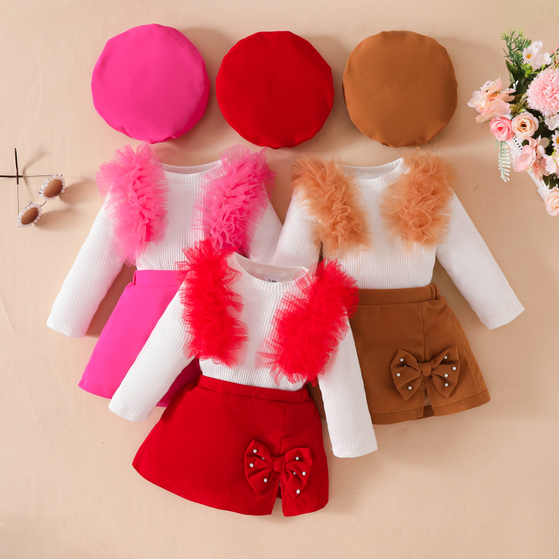 Sügis-talvine pikkade varrukatega võrkkangast pitsist ja helmestega kaunistatud lühike seelik-kostüüm 0-3 aastasele beebile