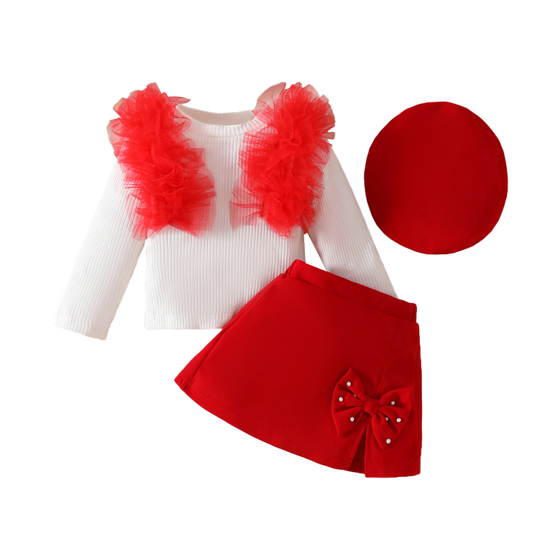 Sügis-talvine pikkade varrukatega võrkkangast pitsist ja helmestega kaunistatud lühike seelik-kostüüm 0-3 aastasele beebile