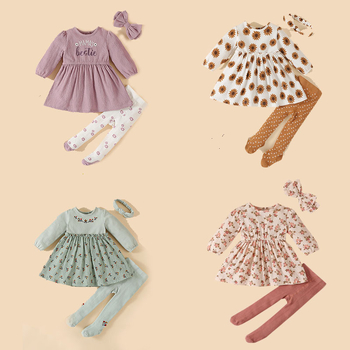 Beebi peakatted kevad- ja sügisreisidele, väikese lillelise mustriga pikkade varrukatega seelik, beebitüdrukute retuusid, kolmeosaline komplekt, hulgimüük