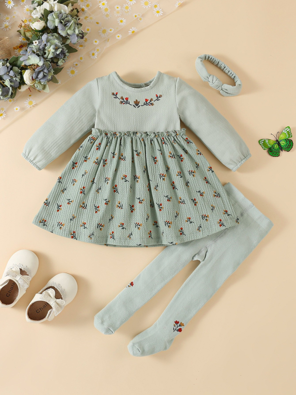 Beebi peakatted kevad- ja sügisreisidele, väikese lillelise mustriga pikkade varrukatega seelik, beebitüdrukute retuusid, kolmeosaline komplekt, hulgimüük