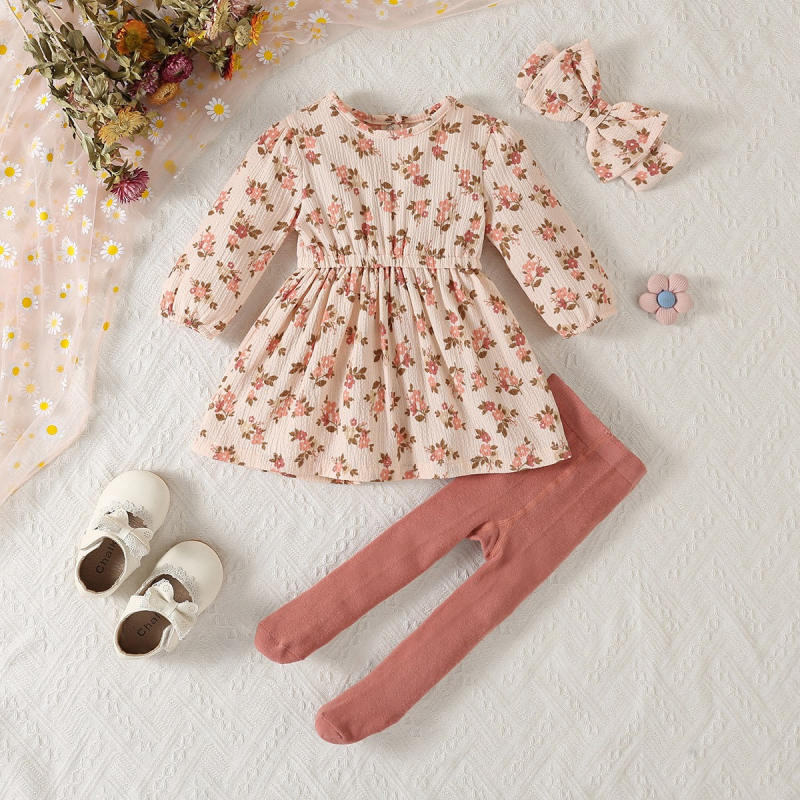 Beebi peakatted kevad- ja sügisreisidele, väikese lillelise mustriga pikkade varrukatega seelik, beebitüdrukute retuusid, kolmeosaline komplekt, hulgimüük