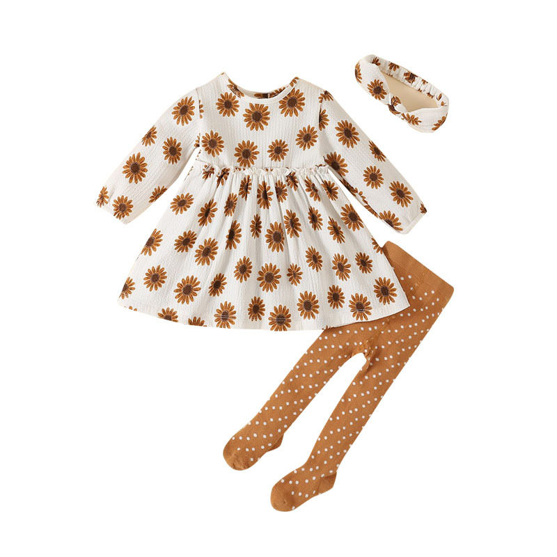 Beebi peakatted kevad- ja sügisreisidele, väikese lillelise mustriga pikkade varrukatega seelik, beebitüdrukute retuusid, kolmeosaline komplekt, hulgimüük