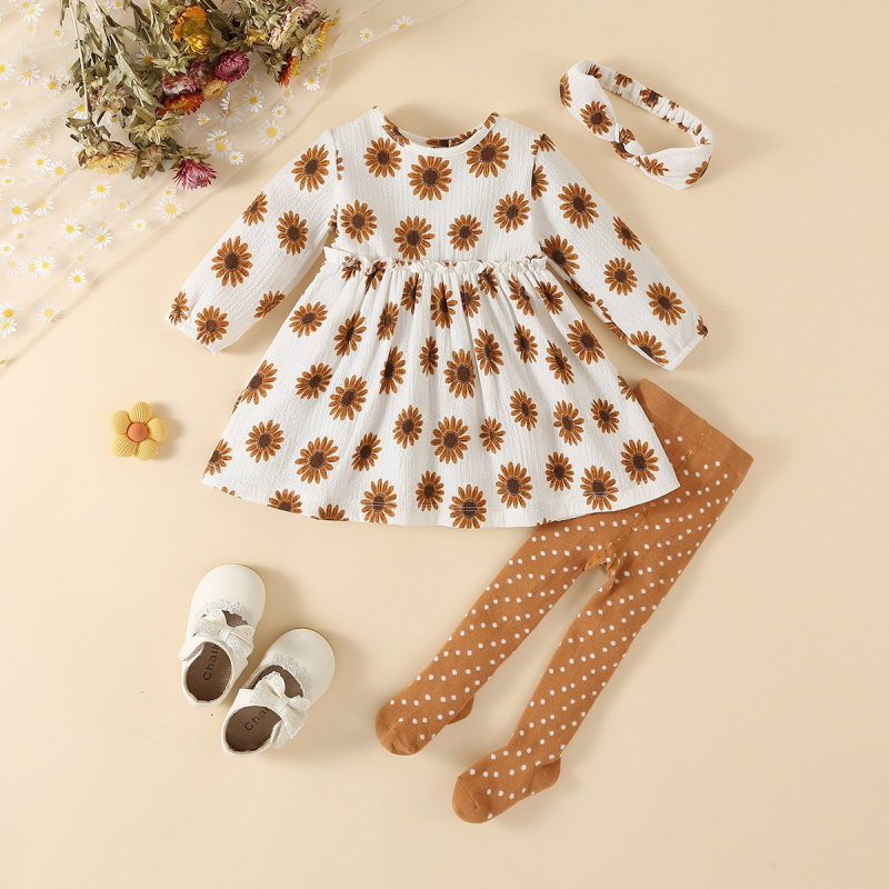 Beebi peakatted kevad- ja sügisreisidele, väikese lillelise mustriga pikkade varrukatega seelik, beebitüdrukute retuusid, kolmeosaline komplekt, hulgimüük