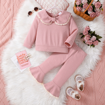 Άνοιξη και Φθινόπωρο Νέο Κορεατικό Στυλ Μωρό Κορίτσι Χαριτωμένο Μονόχρωμο Κολάρο Κούκλας με Φιόγκο και Μακρυμάνικο, Αντίθεση Χρωμάτων, Δαντελένιο Παντελόνι