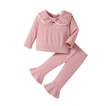 Άνοιξη και Φθινόπωρο Νέο Κορεατικό Στυλ Μωρό Κορίτσι Χαριτωμένο Μονόχρωμο Κολάρο Κούκλας με Φιόγκο και Μακρυμάνικο, Αντίθεση Χρωμάτων, Δαντελένιο Παντελόνι