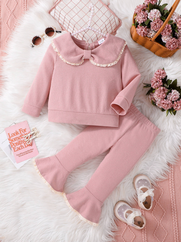 Kevad- ja sügisene uus Korea stiilis beebitüdruk, armas ühevärviline lipsuga nukukrae, pikkade varrukatega, kontrastvärvi pitsist pükskostüüm