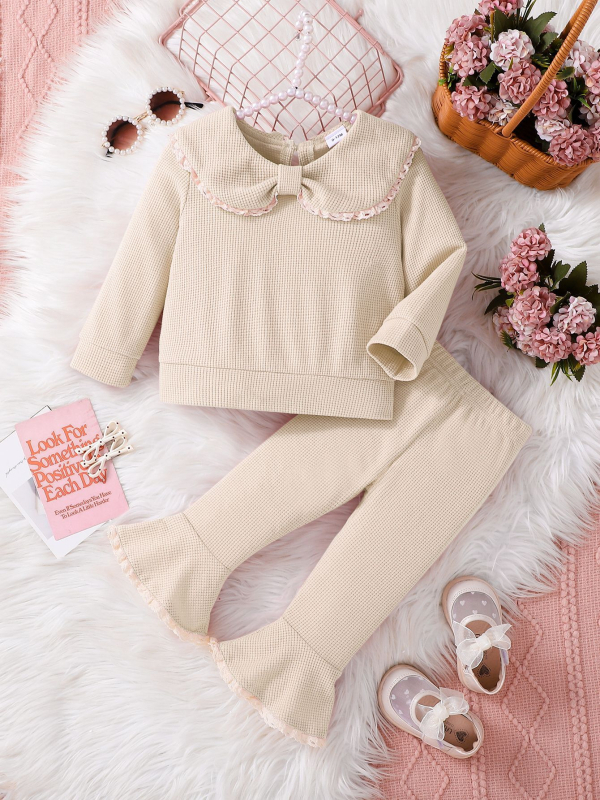 Kevad- ja sügisene uus Korea stiilis beebitüdruk, armas ühevärviline lipsuga nukukrae, pikkade varrukatega, kontrastvärvi pitsist pükskostüüm