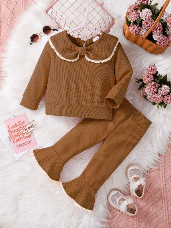 Kevad- ja sügisene uus Korea stiilis beebitüdruk, armas ühevärviline lipsuga nukukrae, pikkade varrukatega, kontrastvärvi pitsist pükskostüüm