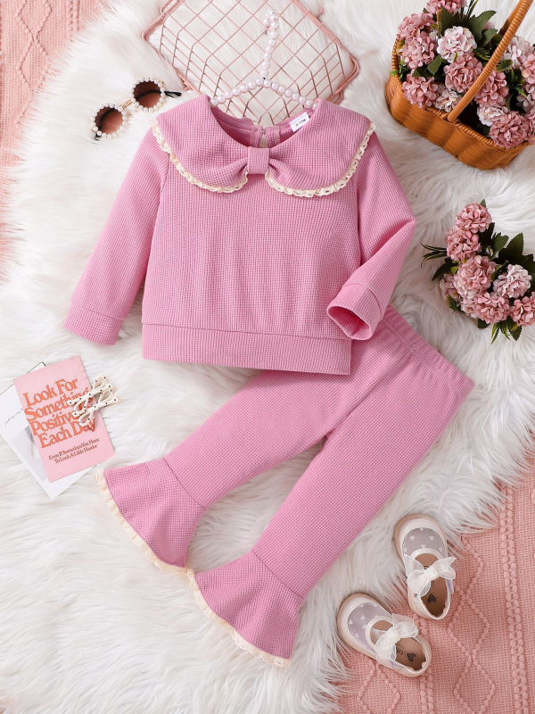 Kevad- ja sügisene uus Korea stiilis beebitüdruk, armas ühevärviline lipsuga nukukrae, pikkade varrukatega, kontrastvärvi pitsist pükskostüüm