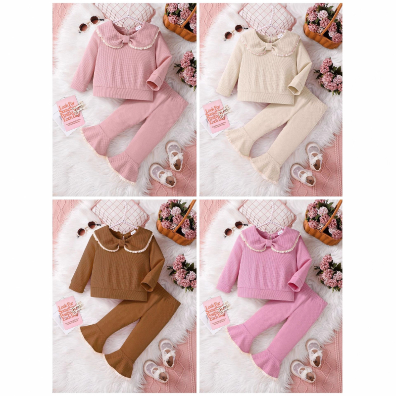 Kevad- ja sügisene uus Korea stiilis beebitüdruk, armas ühevärviline lipsuga nukukrae, pikkade varrukatega, kontrastvärvi pitsist pükskostüüm