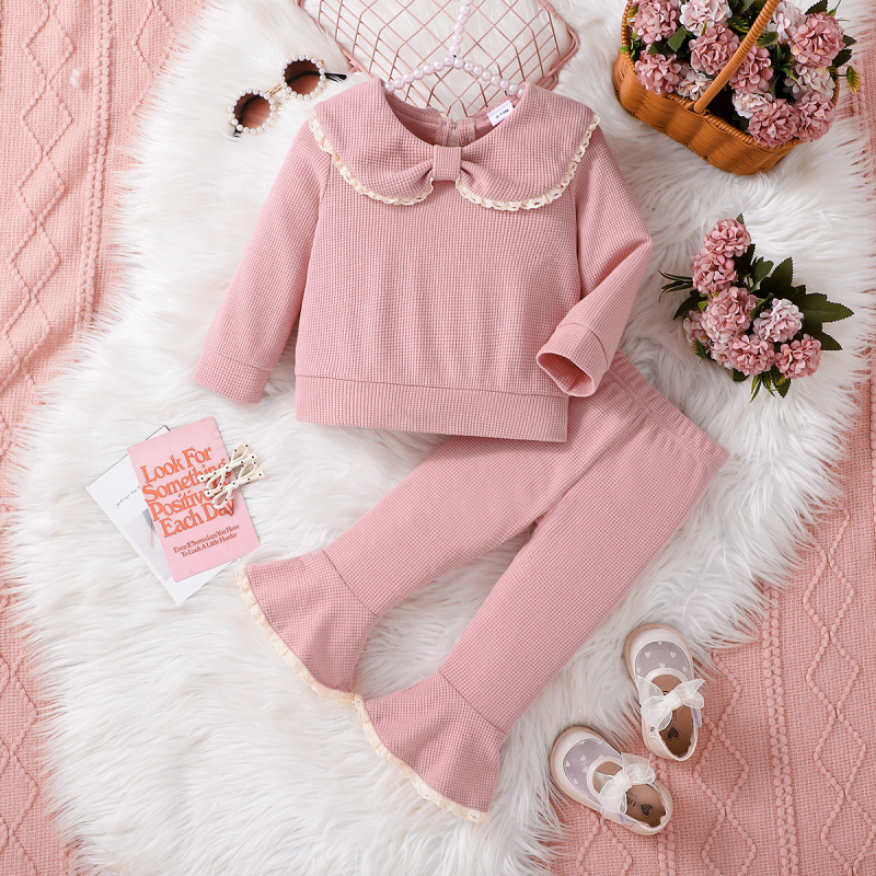 Kevad- ja sügisene uus Korea stiilis beebitüdruk, armas ühevärviline lipsuga nukukrae, pikkade varrukatega, kontrastvärvi pitsist pükskostüüm