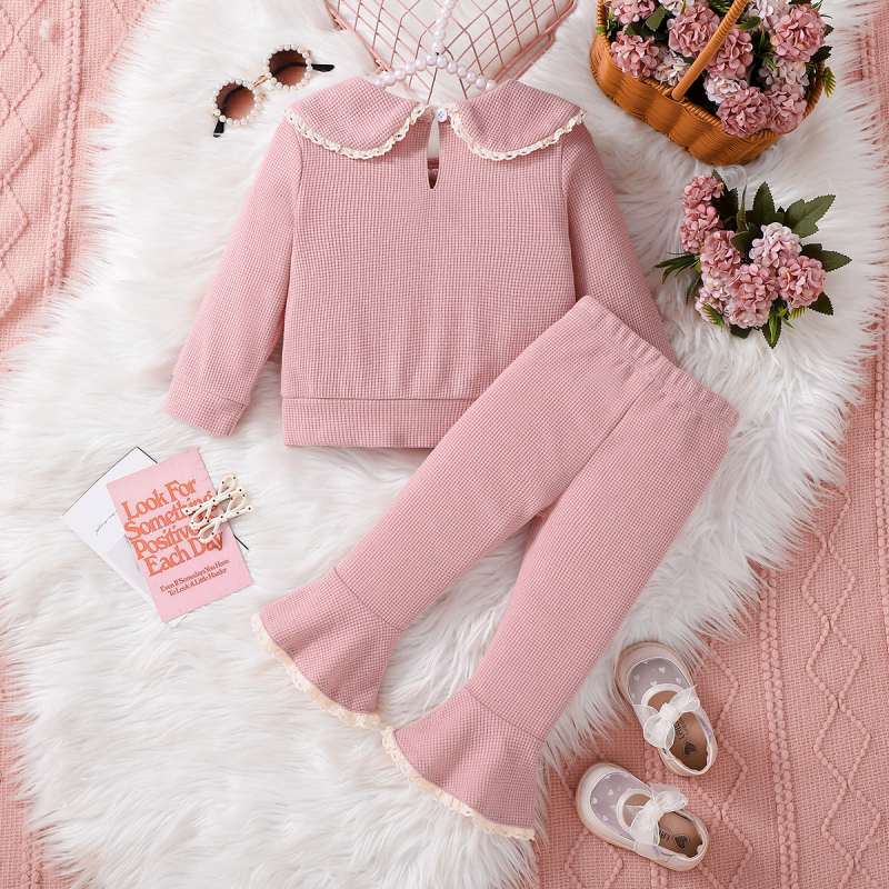 Kevad- ja sügisene uus Korea stiilis beebitüdruk, armas ühevärviline lipsuga nukukrae, pikkade varrukatega, kontrastvärvi pitsist pükskostüüm