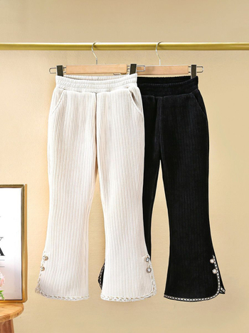 Παιδικά παντελόνια Chenille για κορίτσια, casual, 2025, φθινόπωρο και χειμώνα, νέα, βελούδινα, χοντρά παντελόνια, μεσαίου και μεγάλου μεγέθους, με δαντελένιο κάτω μέρος και καμπάνα.