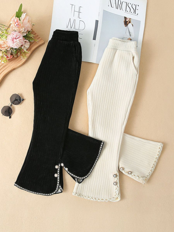 Παιδικά παντελόνια Chenille για κορίτσια, casual, 2025, φθινόπωρο και χειμώνα, νέα, βελούδινα, χοντρά παντελόνια, μεσαίου και μεγάλου μεγέθους, με δαντελένιο κάτω μέρος και καμπάνα.