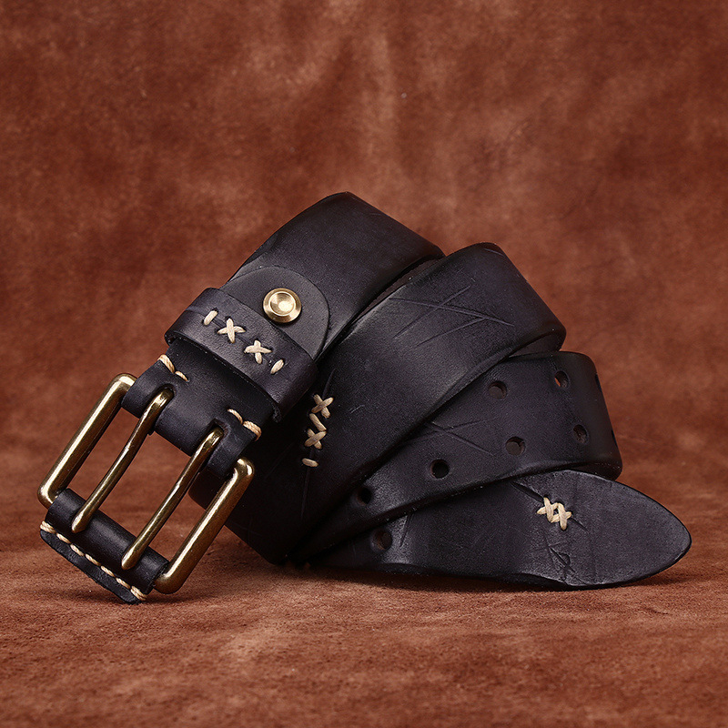 Retro Korea stiilis trendikas ja stiilne topeltnööpnõelaga pandlaga meeste ehtsast nahast noorte teksavöö