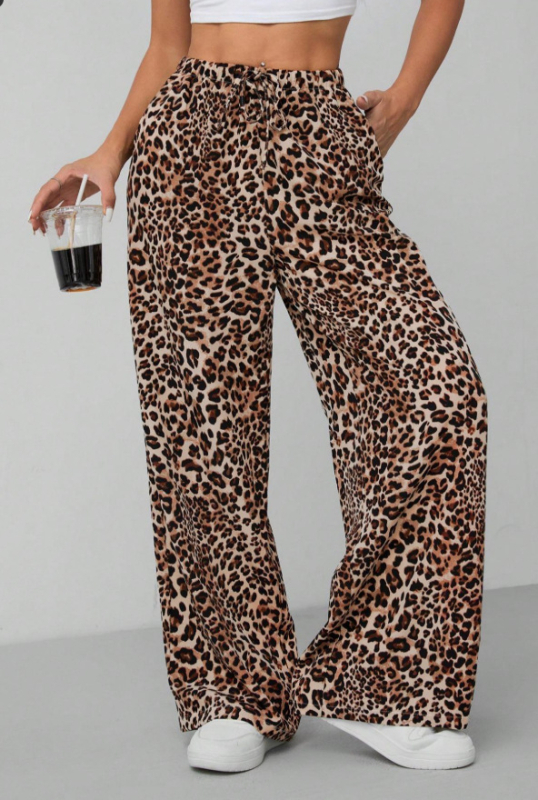 Amazon Street stiilis madala vöökohaga vabaajapüksid sirge säärega laia säärega püksid suvised moe-leopardmustriga püksid naistele, Euroopa ja Ameerika piiriülesed naised