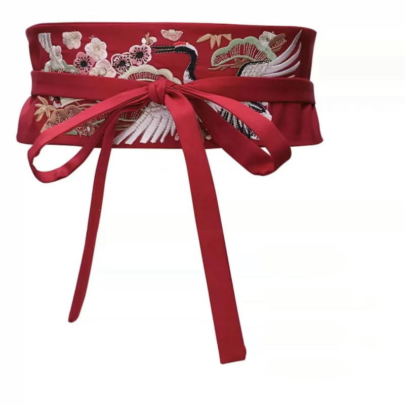 Vöökohaga naiste laia vööga dekoratiivne kleit, pingul vöökohaga tikitud kleit, hanfu hiina stiilis retropunane vöökoht