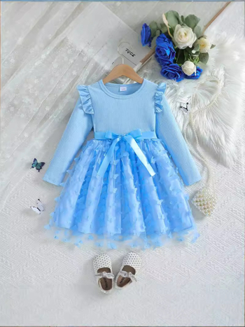 Amazon διασυνοριακός ανεξάρτητος σταθμός φθινόπωρο και χειμώνας 2025 κορίτσια τρισδιάστατο φόρεμα με μακριά μανίκια και γλυκιά ζώνη πεταλούδας