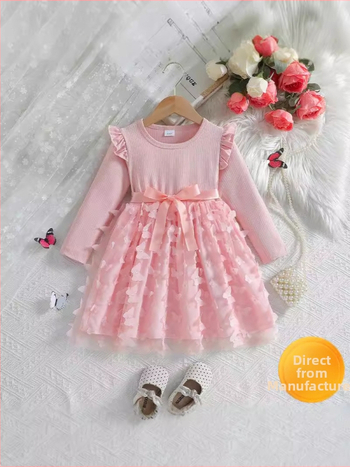 Amazon διασυνοριακός ανεξάρτητος σταθμός φθινόπωρο και χειμώνας 2025 κορίτσια τρισδιάστατο φόρεμα με μακριά μανίκια και γλυκιά ζώνη πεταλούδας