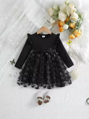 Amazon διασυνοριακός ανεξάρτητος σταθμός φθινόπωρο και χειμώνας 2025 κορίτσια τρισδιάστατο φόρεμα με μακριά μανίκια και γλυκιά ζώνη πεταλούδας