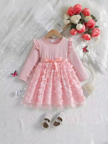 Amazon διασυνοριακός ανεξάρτητος σταθμός φθινόπωρο και χειμώνας 2025 κορίτσια τρισδιάστατο φόρεμα με μακριά μανίκια και γλυκιά ζώνη πεταλούδας