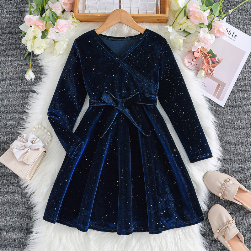 Tüdrukute sügis-talvine stiil, retro V-kaelusega pikkade varrukatega puhaste värvidega litritega sünnipäevakleit vööga