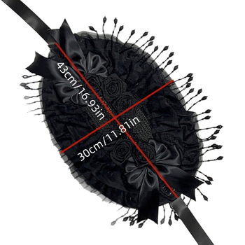 Αυθεντικό χειροποίητο γοτθικό σκούρο καπέλο χήρας Lolita, μαύρο μαργαριταρένιο φούντα, δαντέλα, μαύρο φτερό τριαντάφυλλου, φωτογραφικά στηρίγματα