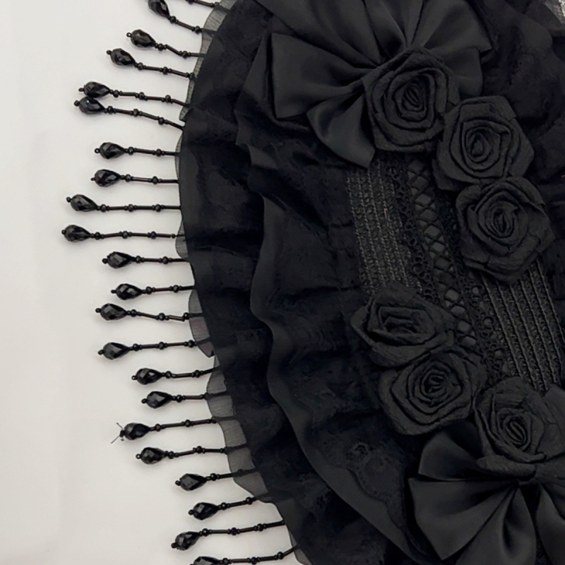 Originaalne Lolita käsitsi valmistatud gooti tumeda lese müts mustast pärlist tutiga pitsist musta roosi sulgedega fotorekvisiidid