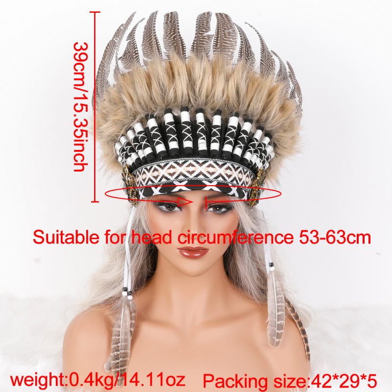 Tänupühade indiaani hõimupealiku müts, halloweeni naturaalsetest sulgedest peakate, jõulupeapael, saadaval mitmes värvitoonis
