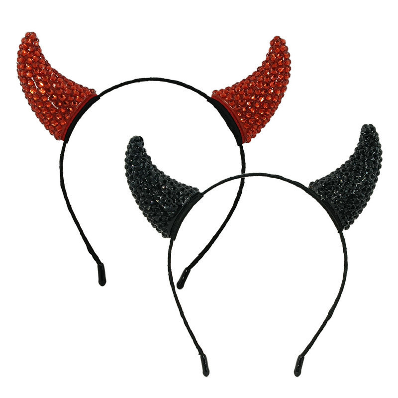 Черна лента за глава с рог на дявола, празничен бал, обличане, шапка, щипка за коса, лента с рог, аксесоари за коса с диамант и рог, червена