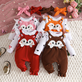 2025. aasta sügis-talv imiku väikelapse multifilm rebase armastuse südameprindiga pikkade varrukatega jala romper body vale seljarihmaga romper juuste lipsuga