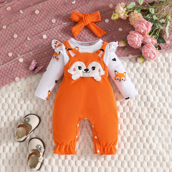 Φθινόπωρο-Χειμώνας 2025 Βρέφος Νήπιο Κινούμενα Σχέδια Αλεπού Αγάπη Καρδιά Στάμπα Μακρυμάνικο Κορμάκι Ολόσωμο με Ψεύτικες Τιράντες στην Πλάτη και Φιόγκο για τα Μαλλιά