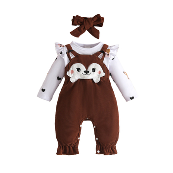 Φθινόπωρο-Χειμώνας 2025 Βρέφος Νήπιο Κινούμενα Σχέδια Αλεπού Αγάπη Καρδιά Στάμπα Μακρυμάνικο Κορμάκι Ολόσωμο με Ψεύτικες Τιράντες στην Πλάτη και Φιόγκο για τα Μαλλιά