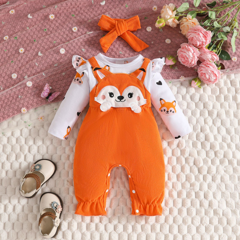 2025. aasta sügis-talv imiku väikelapse multifilm rebase armastuse südameprindiga pikkade varrukatega jala romper body vale seljarihmaga romper juuste lipsuga