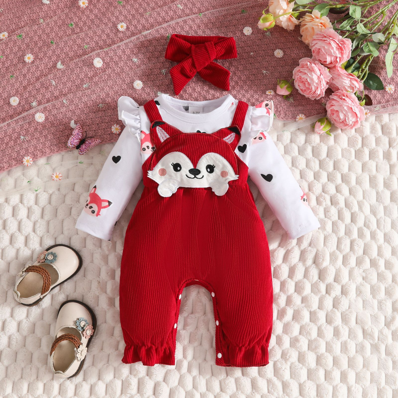2025. aasta sügis-talv imiku väikelapse multifilm rebase armastuse südameprindiga pikkade varrukatega jala romper body vale seljarihmaga romper juuste lipsuga