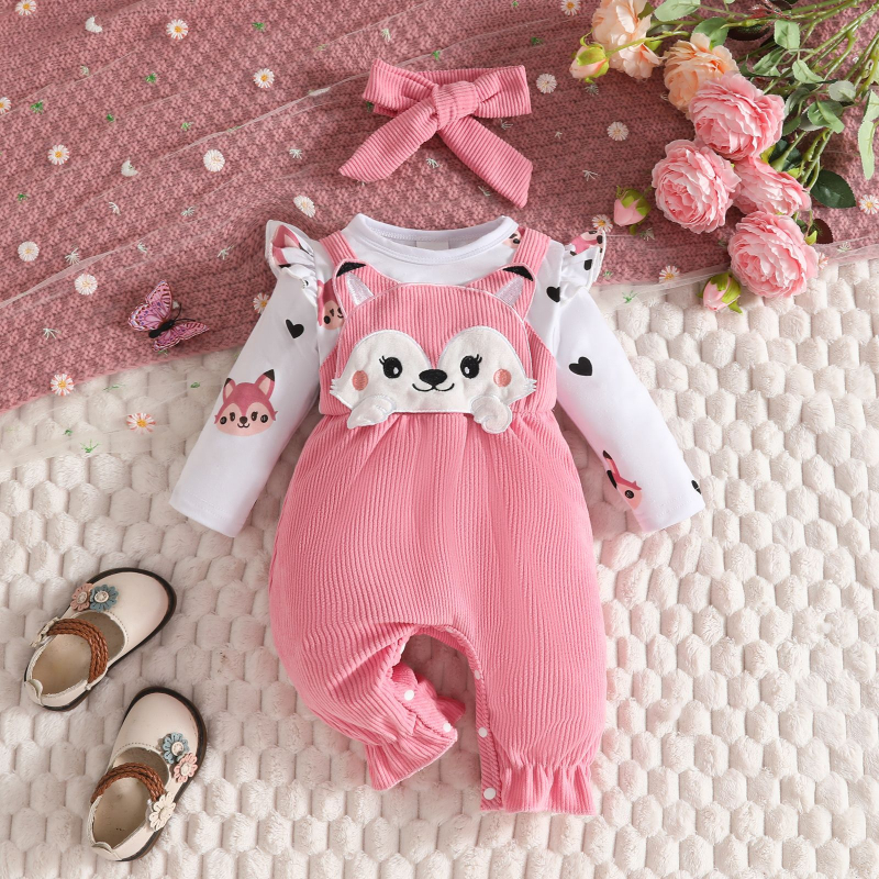 2025. aasta sügis-talv imiku väikelapse multifilm rebase armastuse südameprindiga pikkade varrukatega jala romper body vale seljarihmaga romper juuste lipsuga