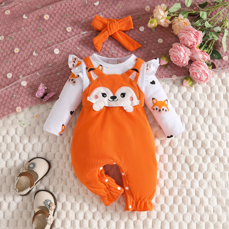 2025. aasta sügis-talv imiku väikelapse multifilm rebase armastuse südameprindiga pikkade varrukatega jala romper body vale seljarihmaga romper juuste lipsuga