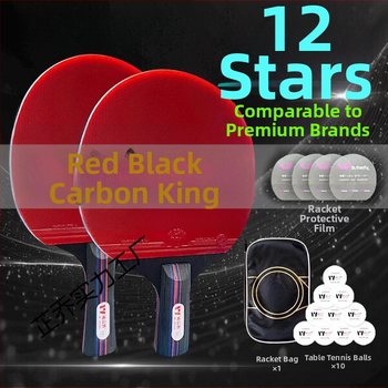 Raudona ir juoda anglies pluošto „King“ sunkia stalo teniso raketė, varžyboms, profesionali, labai elastinga, trumpa, tiesi raketė, dvylikos žvaigždučių stalo teniso raketė.