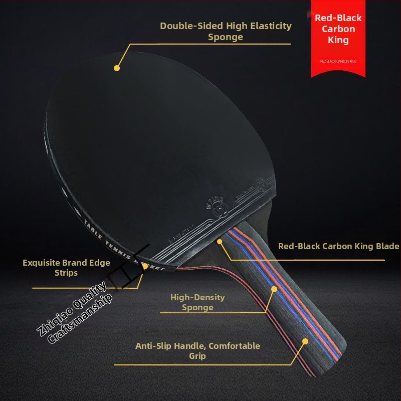 Raudona ir juoda anglies pluošto „King“ sunkia stalo teniso raketė, varžyboms, profesionali, labai elastinga, trumpa, tiesi raketė, dvylikos žvaigždučių stalo teniso raketė.