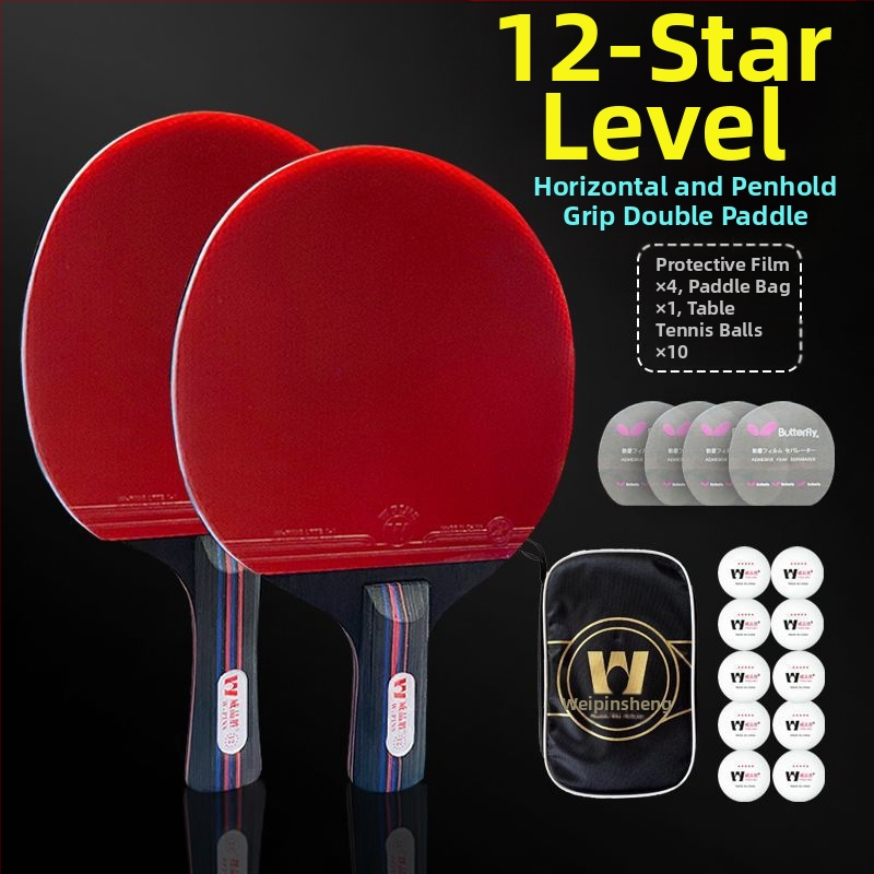 Raudona ir juoda anglies pluošto „King“ sunkia stalo teniso raketė, varžyboms, profesionali, labai elastinga, trumpa, tiesi raketė, dvylikos žvaigždučių stalo teniso raketė.