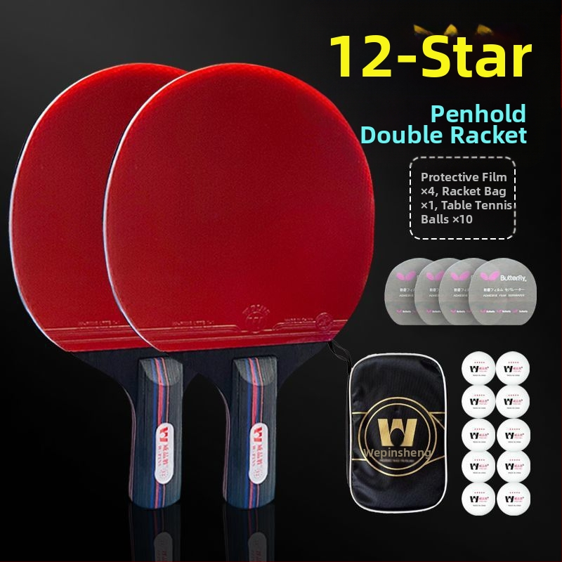 Raudona ir juoda anglies pluošto „King“ sunkia stalo teniso raketė, varžyboms, profesionali, labai elastinga, trumpa, tiesi raketė, dvylikos žvaigždučių stalo teniso raketė.
