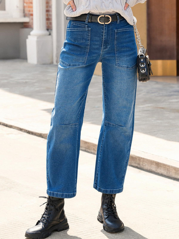 Άμεσες πωλήσεις εργοστασίων σε ευρωπαϊκά και αμερικανικά ρετρό αποδομημένα ρούχα εργασίας με τσέπη και πλυμένα καμπυλωτά τζιν υψηλής μέσης για γυναίκες