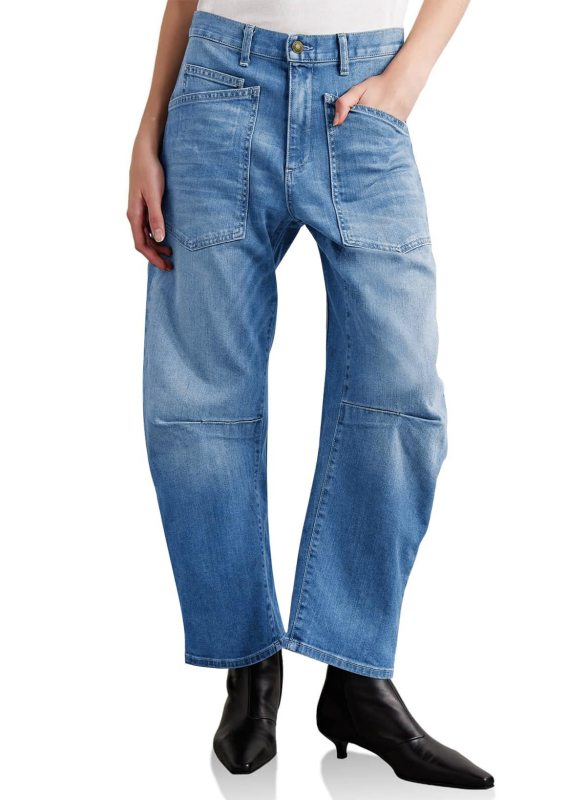 Άμεσες πωλήσεις εργοστασίων σε ευρωπαϊκά και αμερικανικά ρετρό αποδομημένα ρούχα εργασίας με τσέπη και πλυμένα καμπυλωτά τζιν υψηλής μέσης για γυναίκες