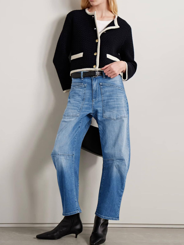 Άμεσες πωλήσεις εργοστασίων σε ευρωπαϊκά και αμερικανικά ρετρό αποδομημένα ρούχα εργασίας με τσέπη και πλυμένα καμπυλωτά τζιν υψηλής μέσης για γυναίκες