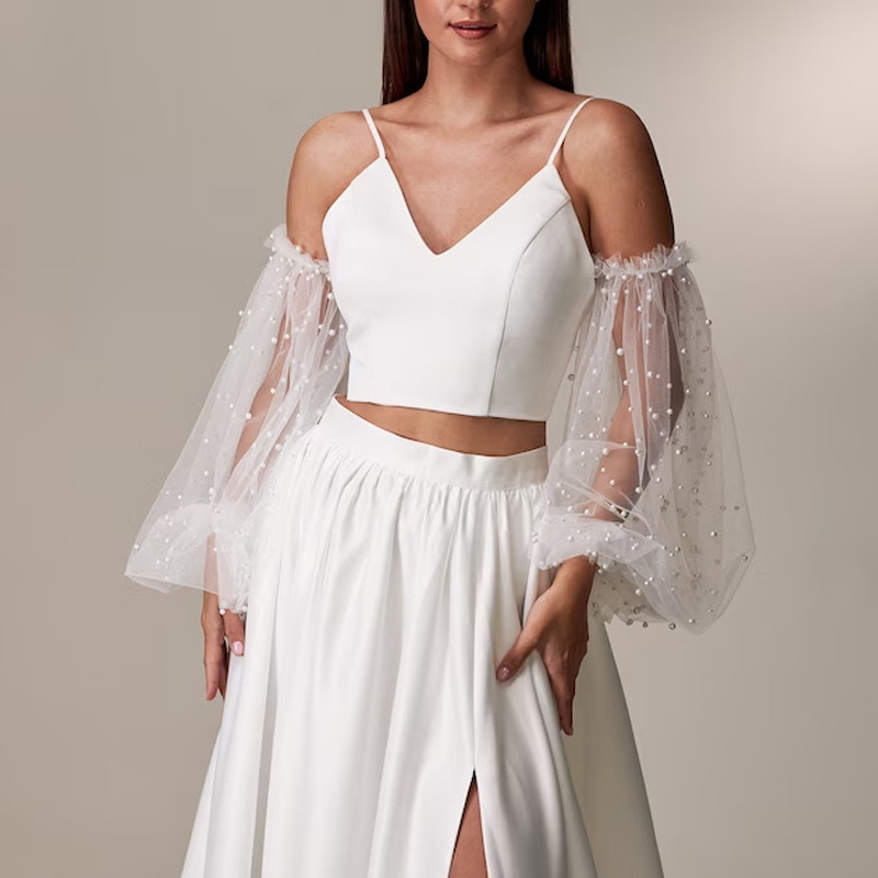 Външнотърговска рокля с горен ръкав от перлена мрежа, булчински фенер, аксесоари за ръкави сватбена рокля, декорация на горен ръкав