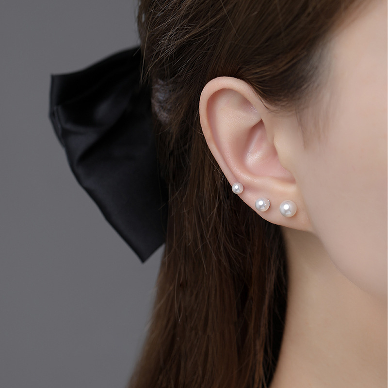Po S999 ezüst egyszerű shijia gyöngy fülbevaló női könnyű luxus francia elegáns kiváló minőségű, több méretű haj fülbevalók
